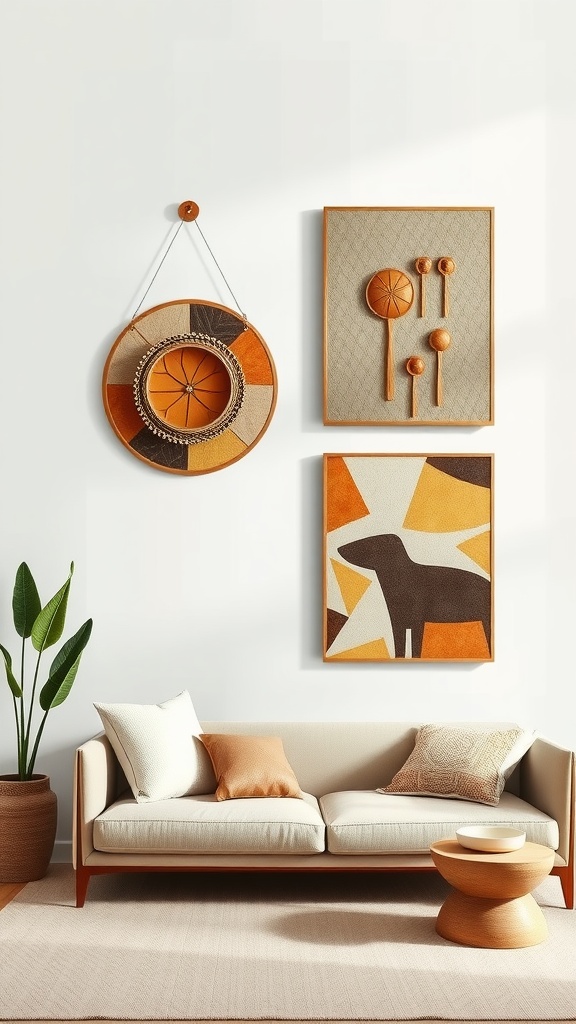 Cozy living room featuring artisanal wall art in warm colors.