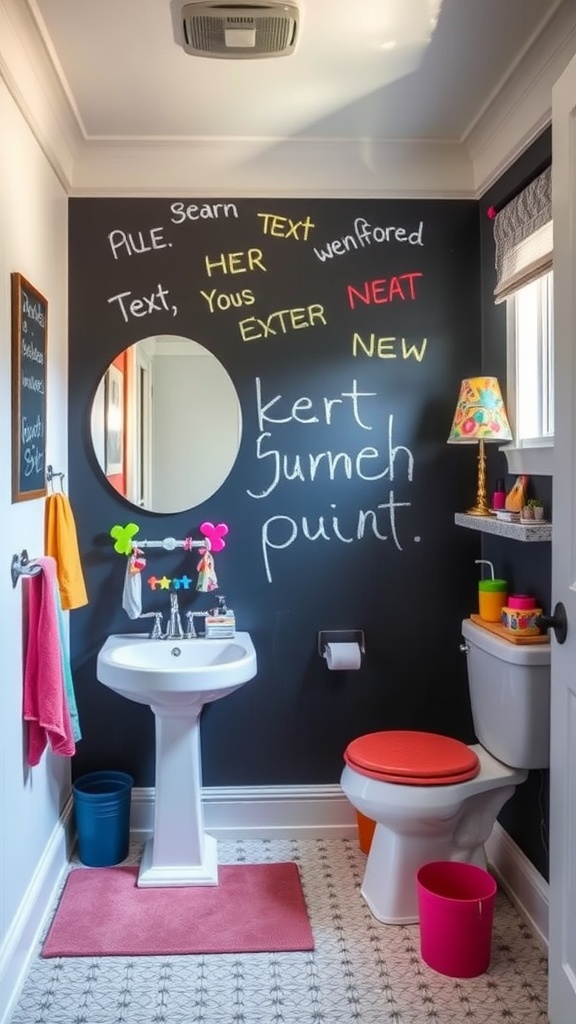 A colorful kids bathroom featuring a chalkboard wall with playful text and drawings.