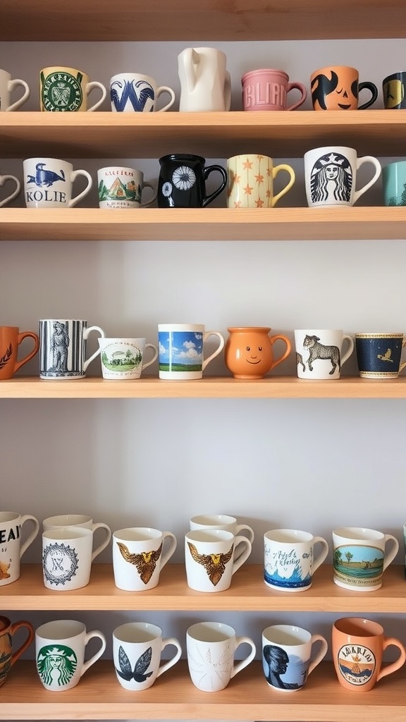 A collection of artistic coffee mugs displayed on wooden shelves.