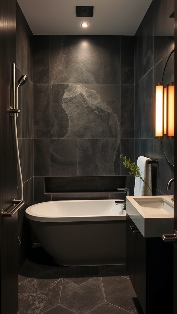 Modern bathroom featuring dark stone walls, bright white bathtub, and stylish fixtures.