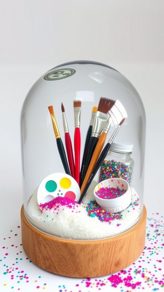 A creative snow globe with art supplies, including paintbrushes and colorful glitter.