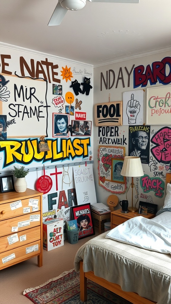 A bedroom wall filled with colorful posters, drawings, and artistic elements