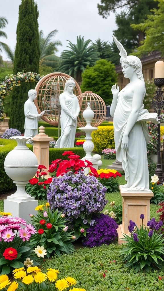 A garden featuring white statues surrounded by colorful flowers and greenery, showcasing artistic sculptures.