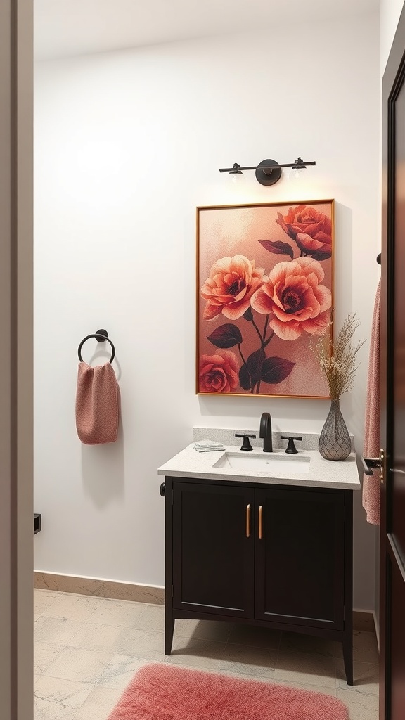 A stylish bathroom with mauve rose artwork, modern fixtures, and a cozy vibe