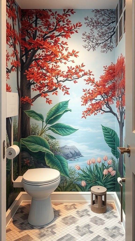 A small bathroom with a vibrant mural of red trees and lush greenery.