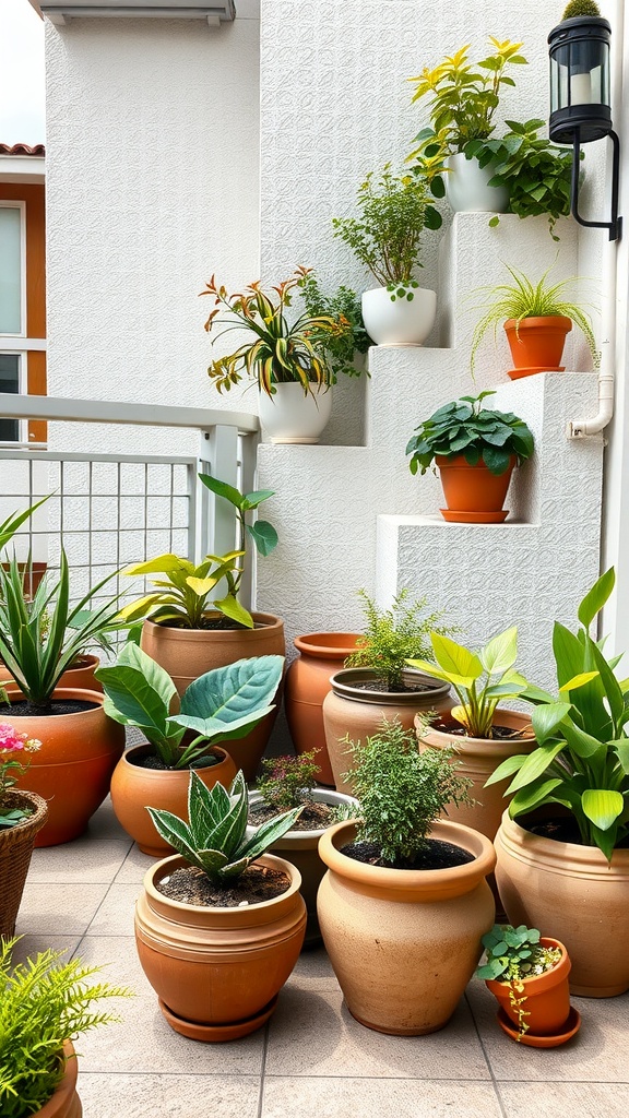 A terrace garden featuring a variety of plants in terracotta and white pots arranged on a staircase