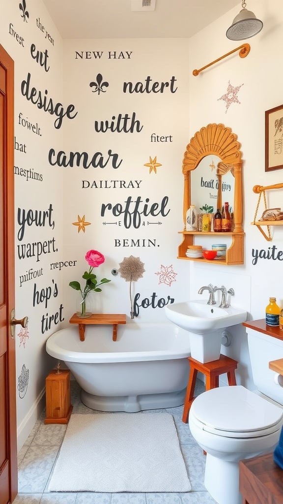 A bathroom with artistic stenciled wall designs featuring various words and floral motifs.