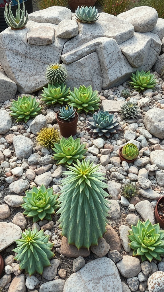 A rock garden featuring various types of succulents arranged among stones and pebbles.