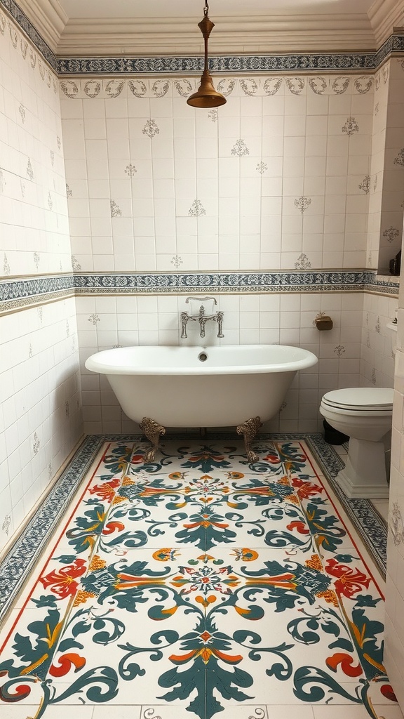 Victorian bathroom featuring artistic tile designs with a vibrant floor pattern and elegant wall tiles.