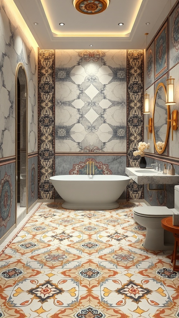 Luxurious bathroom featuring intricate artistic tile patterns on the floor and walls, a freestanding bathtub, and warm lighting.