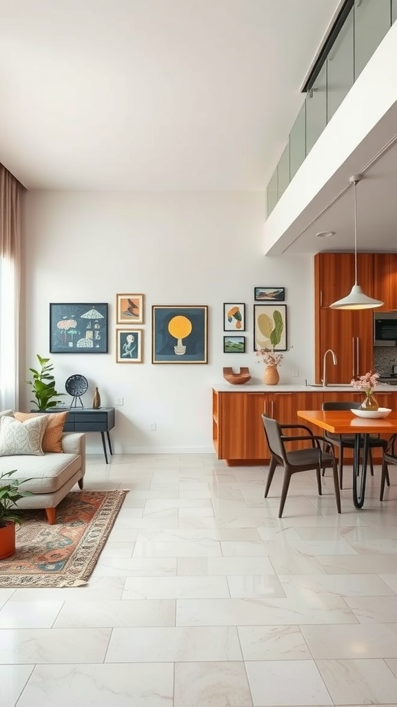 A cozy living room and kitchen space featuring artistic wall decor with various framed prints.