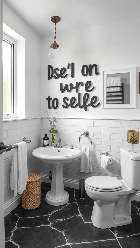 A stylish bathroom featuring artistic wall decor with playful black letters on a white wall, complemented by white tiles and a round light fixture.