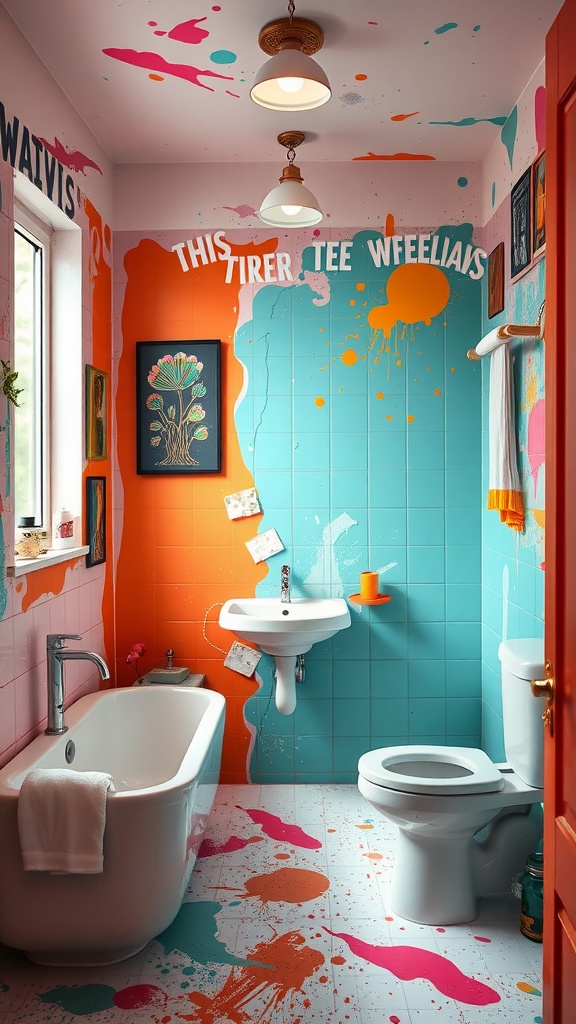 A colorful kids bathroom with paint splashes, bright walls, and playful decor.