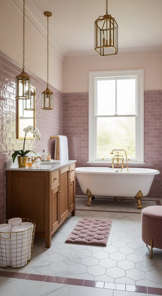 Mauve bathroom with white fixtures, a soft pink rug, a decorative vase, and an open shower area.