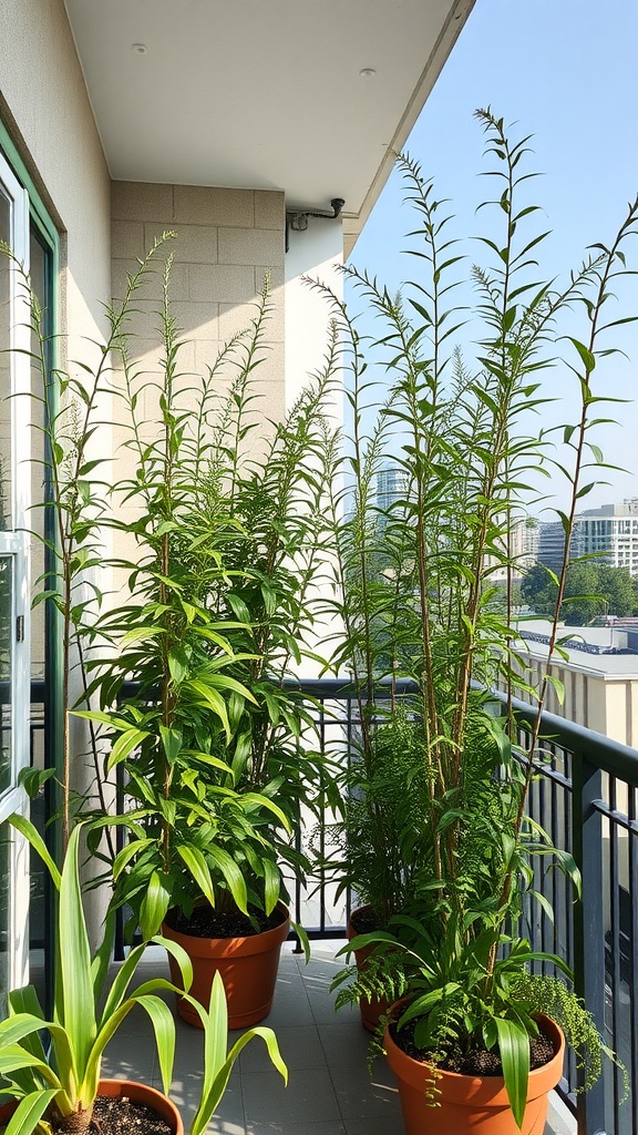 A balcony garden featuring tall green plants in terra cotta pots, creating a privacy screen.