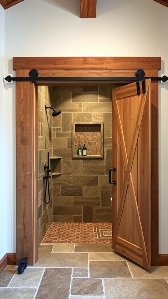 Rustic shower with a sliding barn door entrance, featuring stone tiles and natural wood accents.