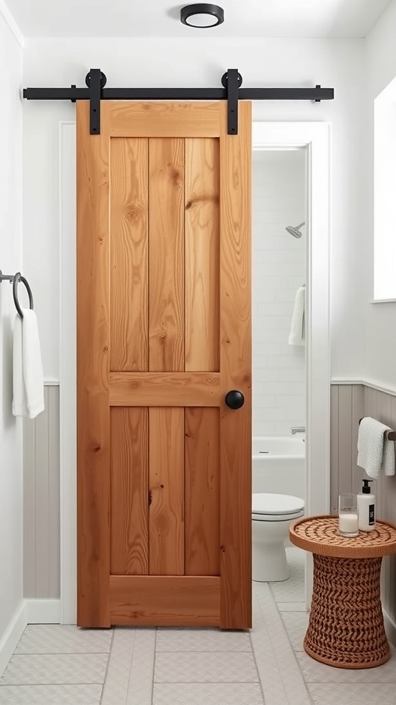 A modern farmhouse bathroom with a wooden barn door sliding solution