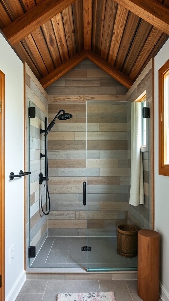 A rustic walk-in shower featuring barnwood ceiling beams, glass panels, and earthy colors.