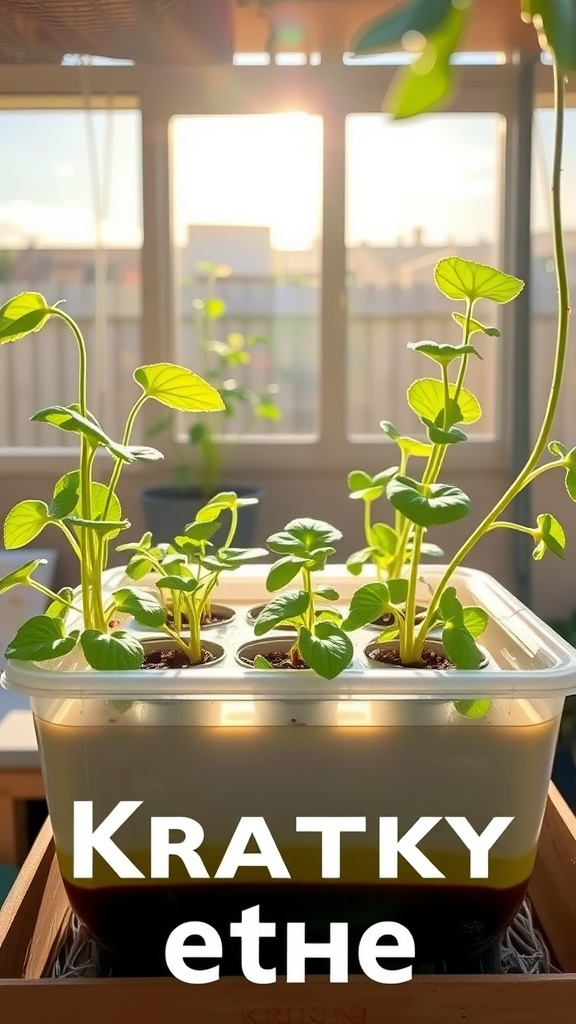 A Kratky Method hydroponic system setup with green plants in a container, sunlight shining through a window.