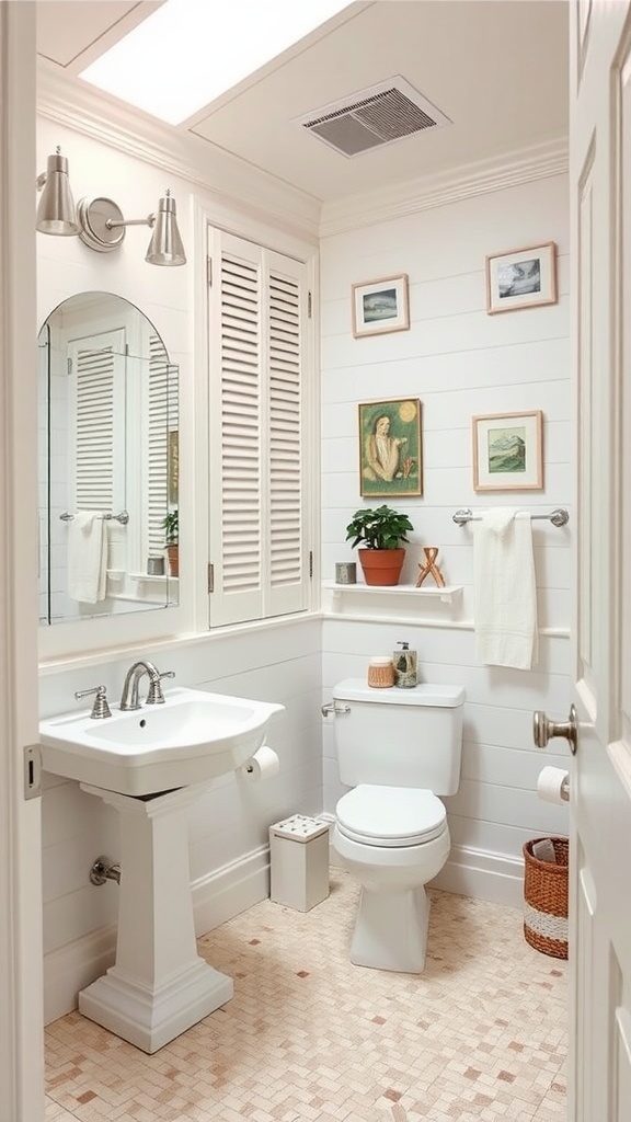 A cozy bathroom with beachy shutter walls, a pedestal sink, and light decor.