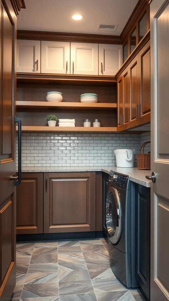 A stylish laundry room featuring two-tone cabinets with dark lower units and light upper units, showcasing open shelving and a modern design.