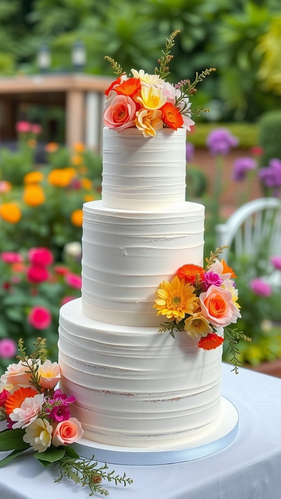 A three-tiered white wedding cake adorned with colorful flowers, set in a garden