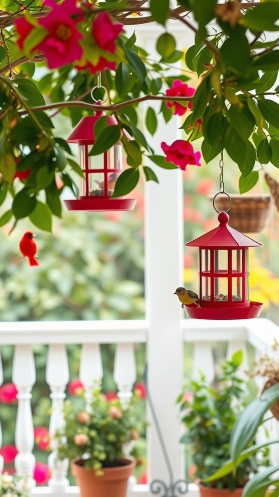 A terrace garden with red bird feeders hanging among pink flowers, attracting birds.