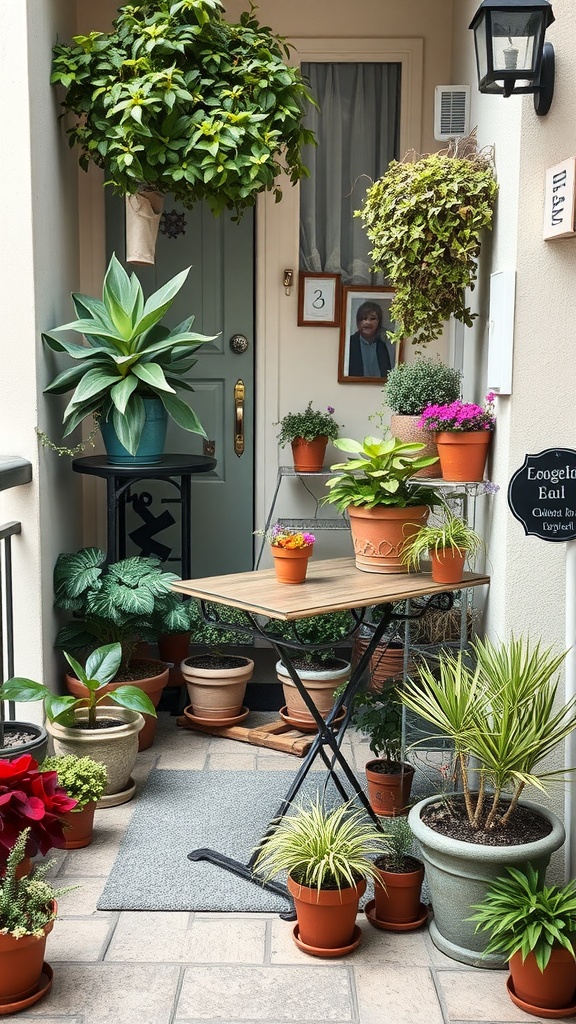 A cozy bistro table surrounded by various potted plants on a small balcony.