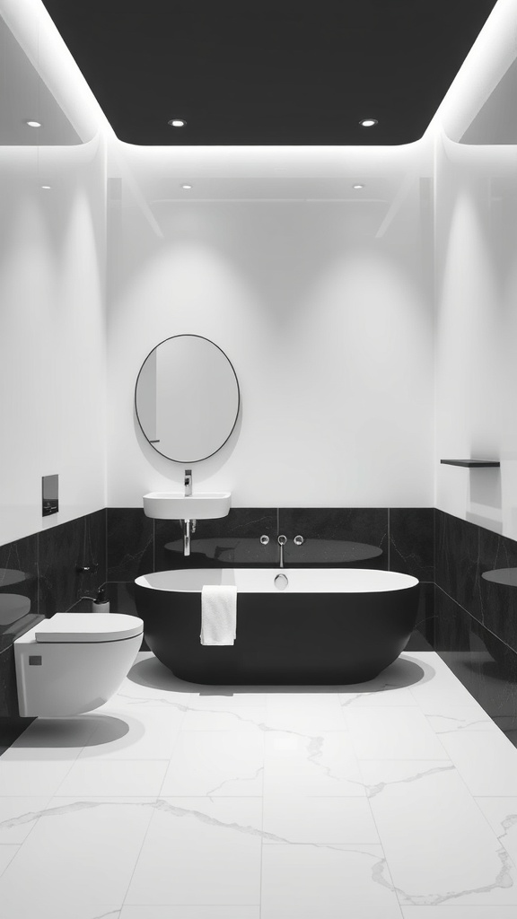 A modern bathroom featuring black walls, white fixtures, and minimalist design elements.