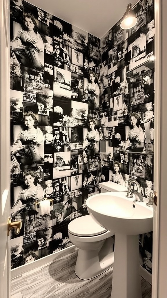 Small bathroom with black and white photography wallpaper featuring various vintage images.