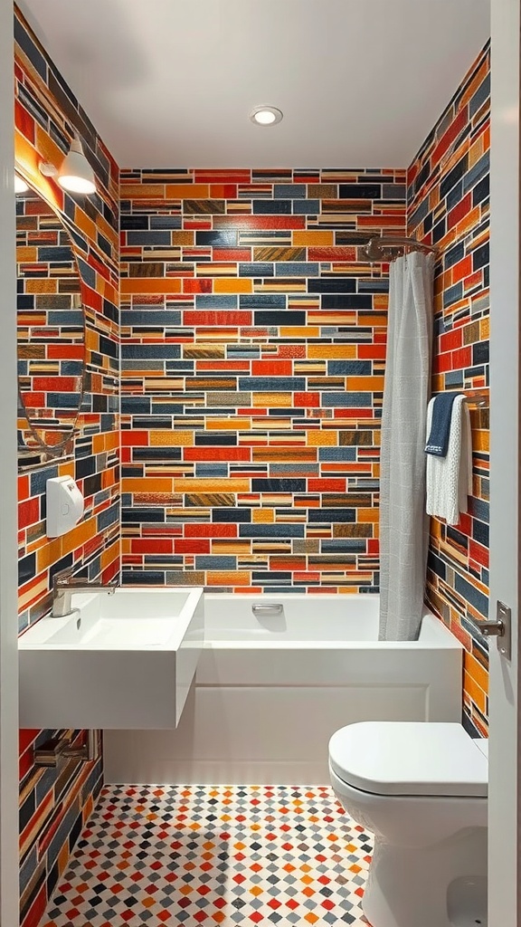 A small bathroom featuring bold accent tiles in red, orange, and blue, with a modern sink and tub.