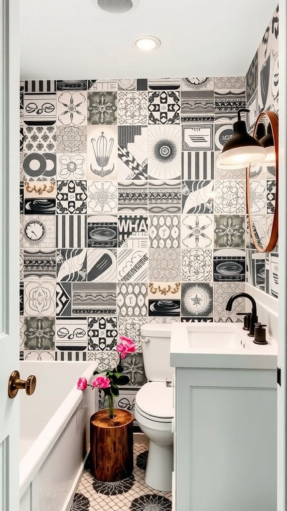 A stylish bathroom featuring a bold accent wall with patterned black and white tiles, a wooden accent table, and pink flowers.