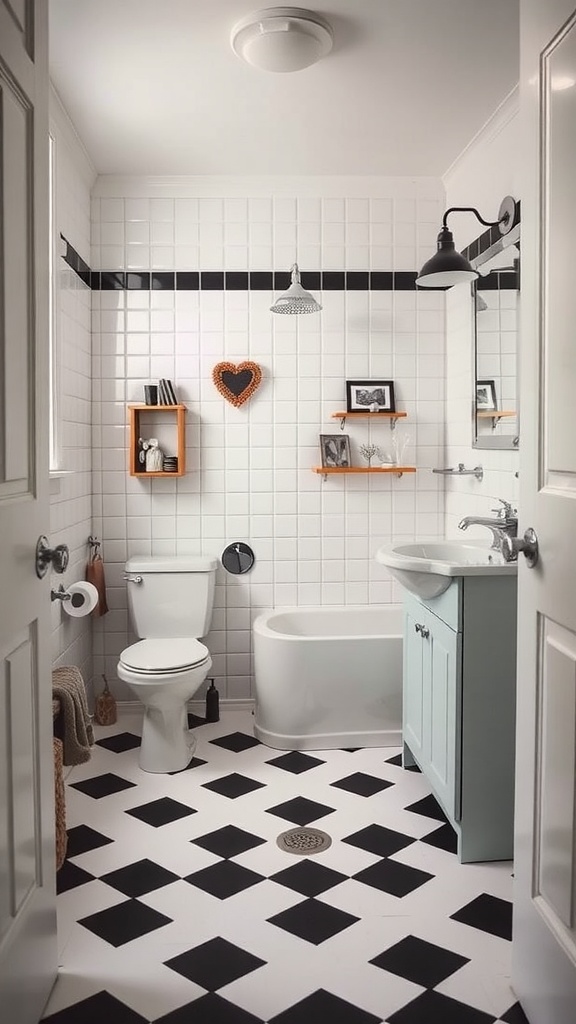 A bathroom featuring bold black and white checkerboard tiles on the floor, white tiled walls with black accents, and soft blue cabinetry.