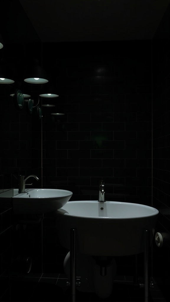 A dark modern bathroom with black lighting fixtures and white sinks