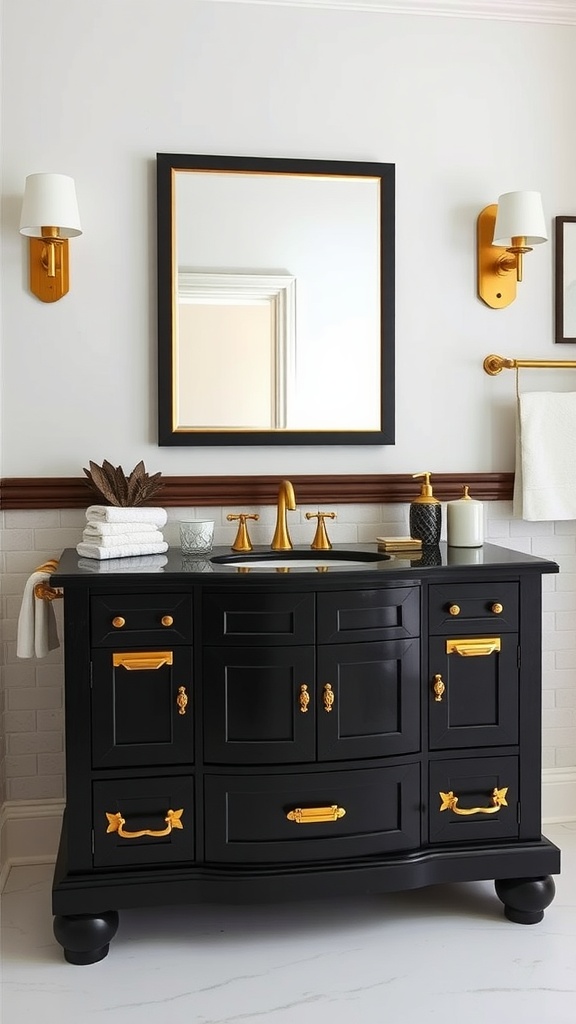 A bold black bathroom vanity with gold hardware, a spacious countertop, and a large mirror.