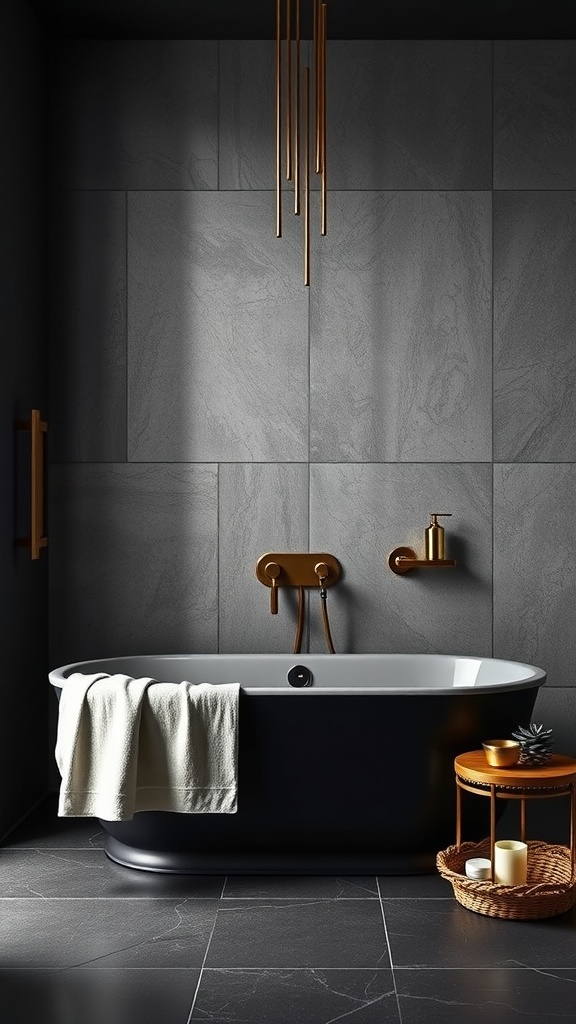 A modern bathroom featuring a bold dark bathtub, gold fixtures, and elegant decor