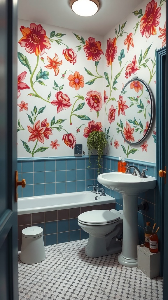 A bathroom featuring bold floral wall murals with red and pink flowers over a white background, blue tiles, and a round mirror.