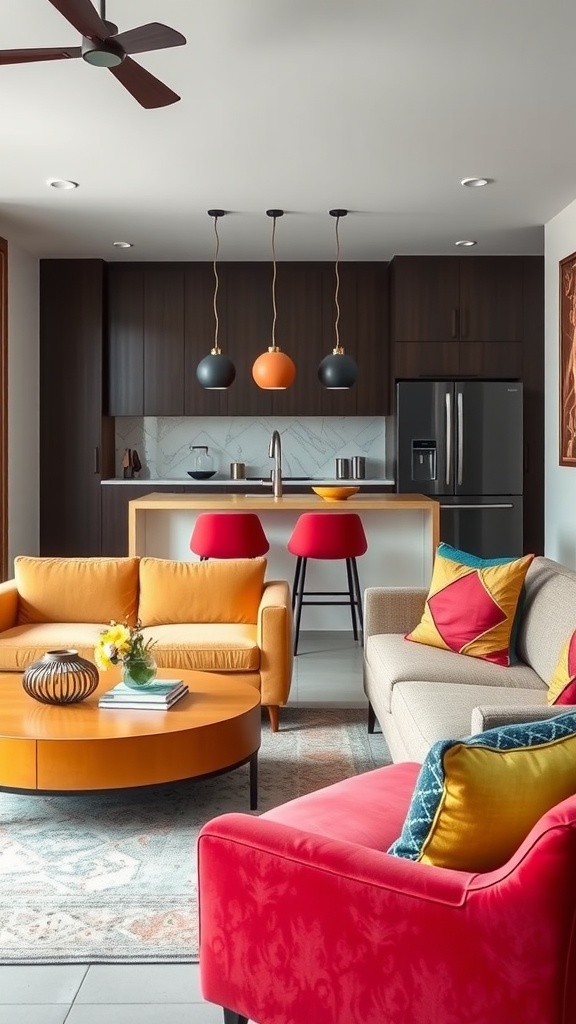 A vibrant living room and kitchen combination featuring colorful sofas, a modern coffee table, and stylish pendant lights.