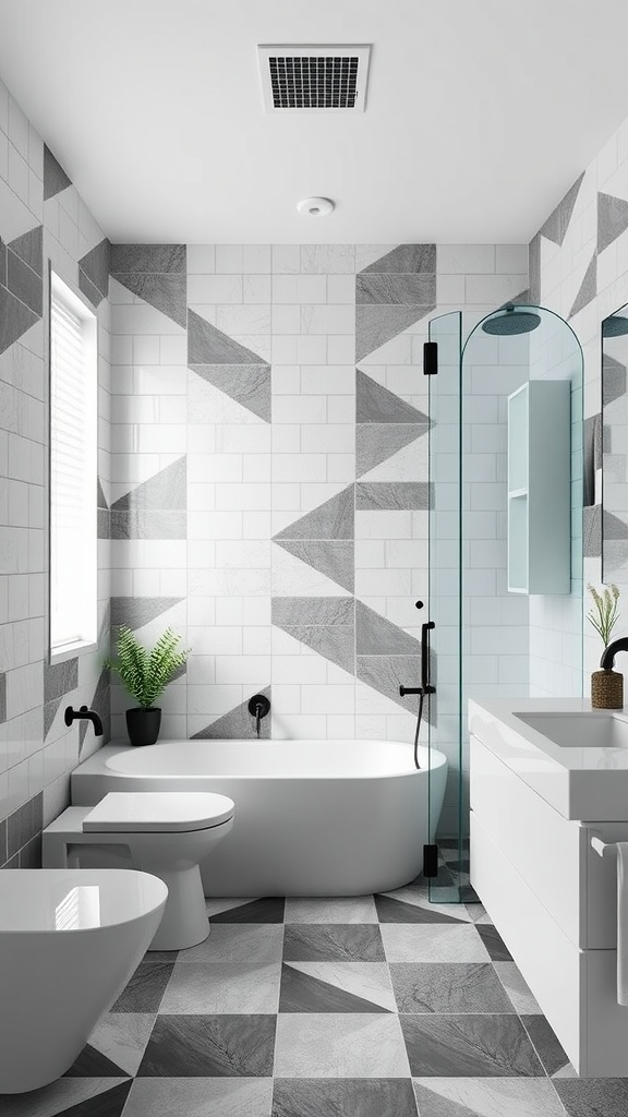 A modern bathroom featuring bold geometric tile patterns in black, gray, and white.