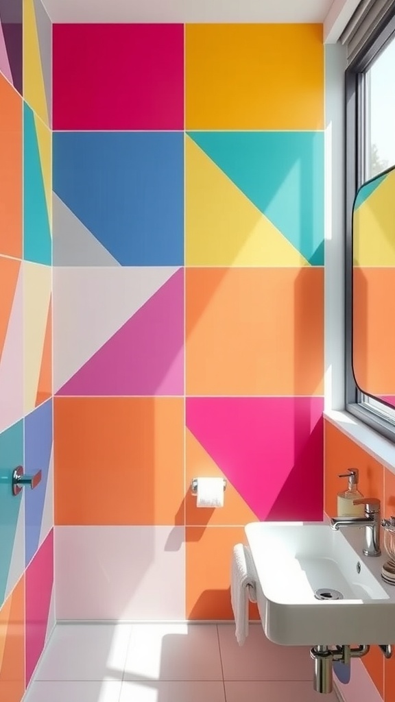 Colorful bathroom wall featuring bold geometric patterns in pink, orange, teal, and yellow.