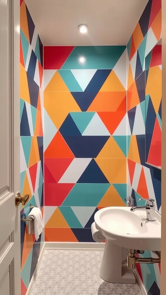 Small bathroom with bold geometric wallpaper featuring colorful triangles