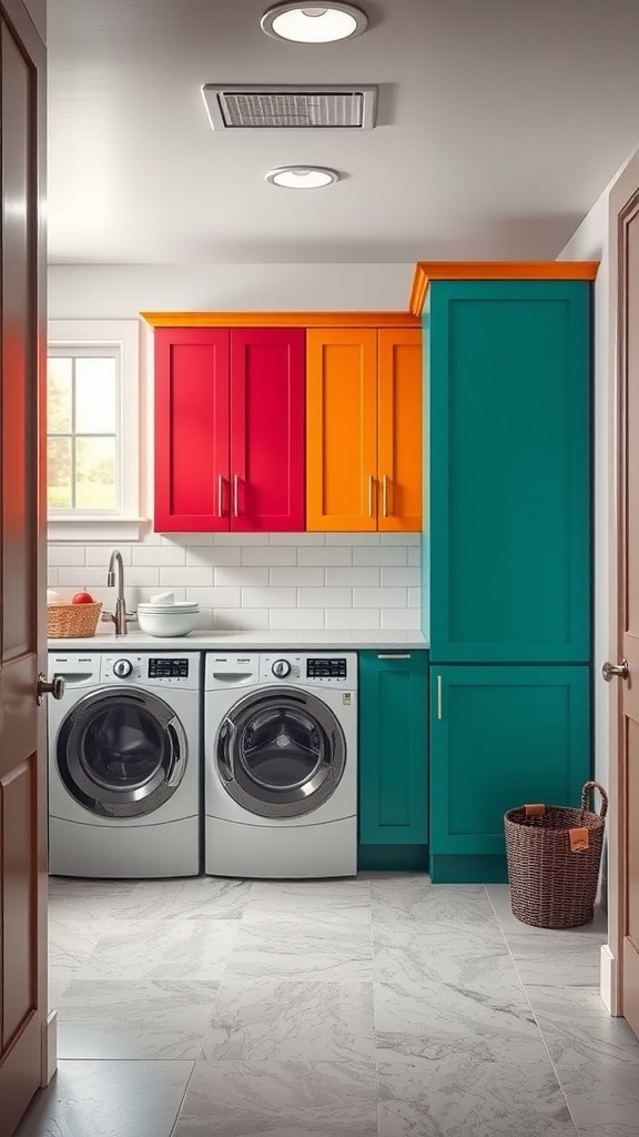 Laundry room with colorful cabinets in red, orange, and turquoise.