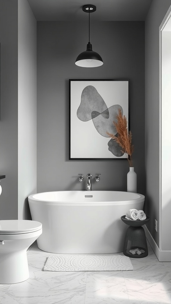 A modern bathroom featuring a bold black and white abstract wall art piece, a white bathtub, and stylish decor.