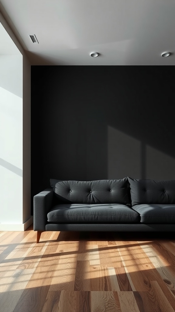 Living room featuring a dark gray couch against a bold wall