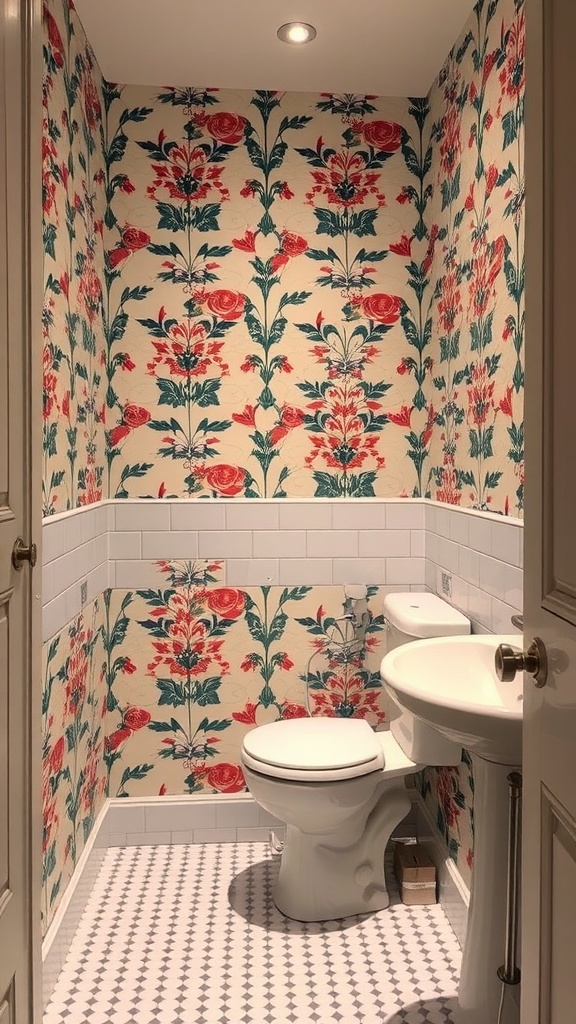 A small bathroom with bold floral wallpaper, white fixtures, and patterned flooring.