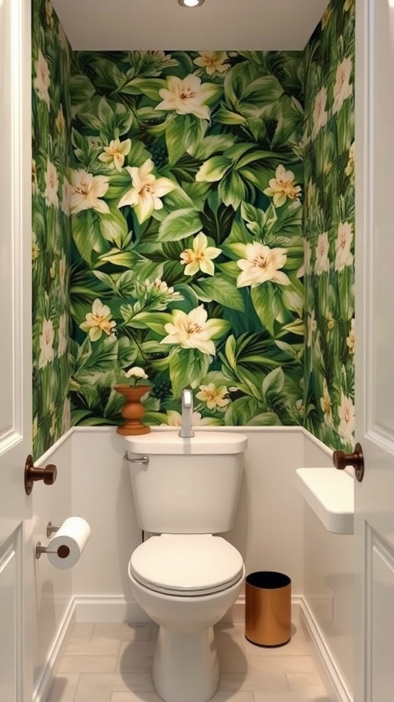 A small bathroom with botanical print wallpaper featuring green leaves and white flowers.