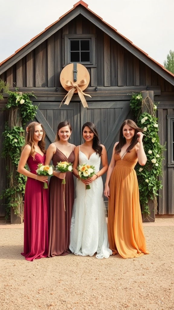 Bridesmaids in earthy tones standing in front of a rustic barn, showcasing a warm wedding atmosphere.