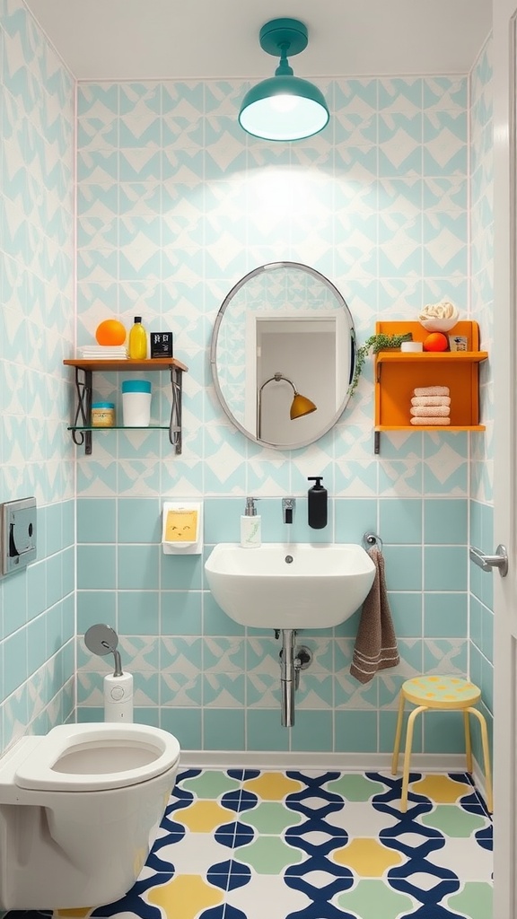 A colorful kids bathroom with geometric patterns on walls and floor.