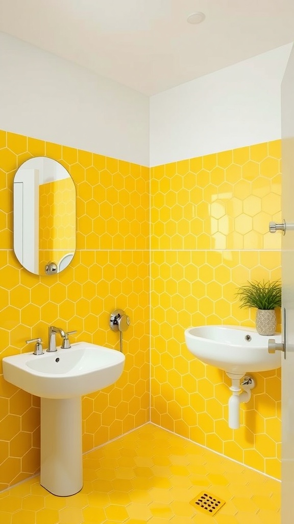 Bathroom with bright yellow hexagon tiles on the walls and floor, white sink and mirror, and a small plant.