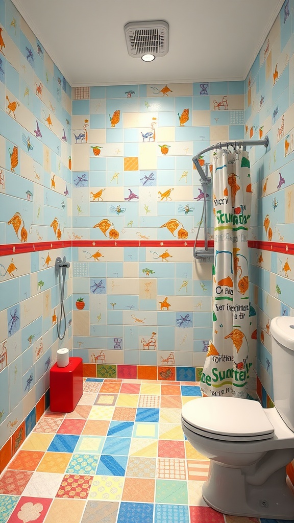 A colorful kids bathroom with blue tiles, playful illustrations, a bright shower curtain, and a mosaic floor.